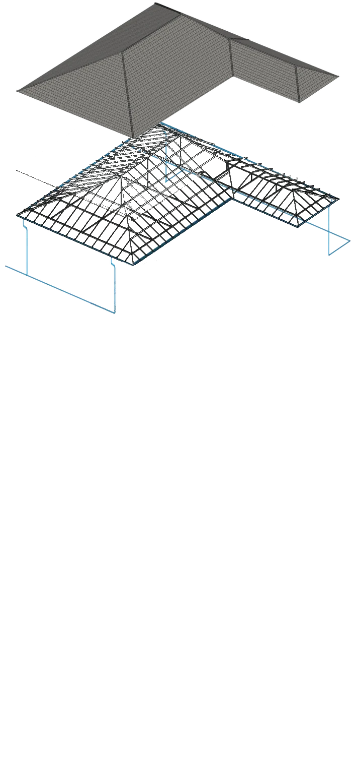 Steel roof structure with tiles and gutters