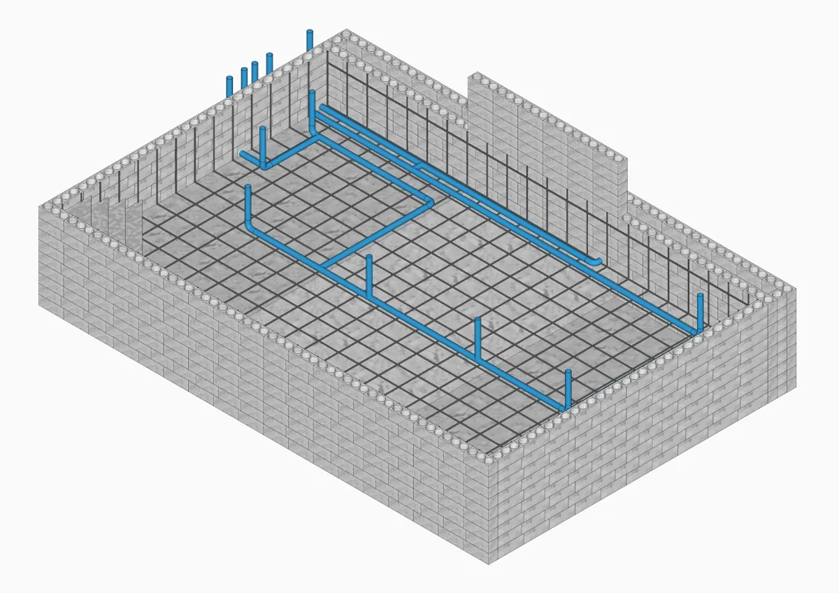 Pool shell: concrete blockwork with steel layers and water pipes
