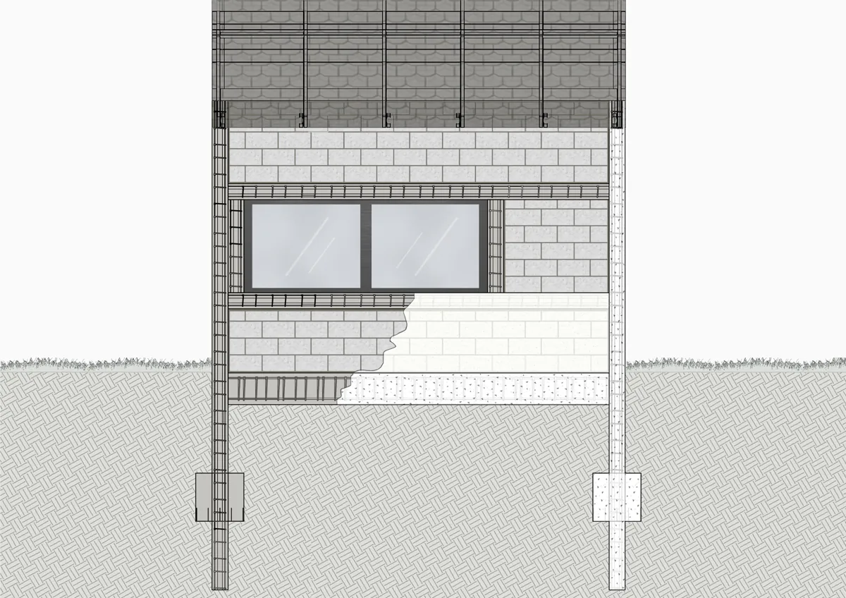 Wall cross-section with window frame and footings