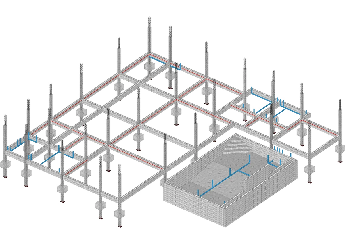 Foundation step 1: ground beams, anti-termite barrier and water pipes